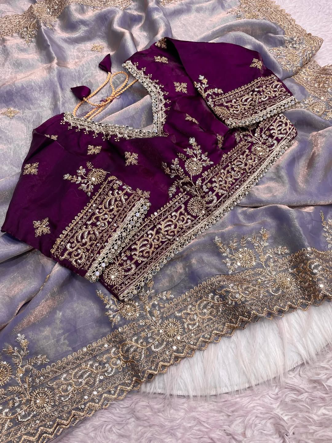 Designer Fandy Satin Silk Saree with Sequins & Jari Embroidery and Cutwork Border with Full-Stitch Blouse