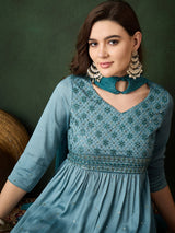 Blue Embroidered Nyra-Cut Kurta Palazzo With Dupatta - Elganza
