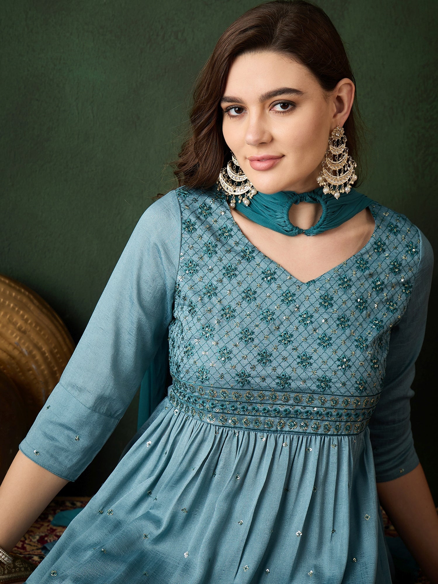 Blue Embroidered Nyra-Cut Kurta Palazzo With Dupatta - Elganza