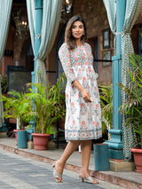 White Mughal Print A-Line Dress - Elganza