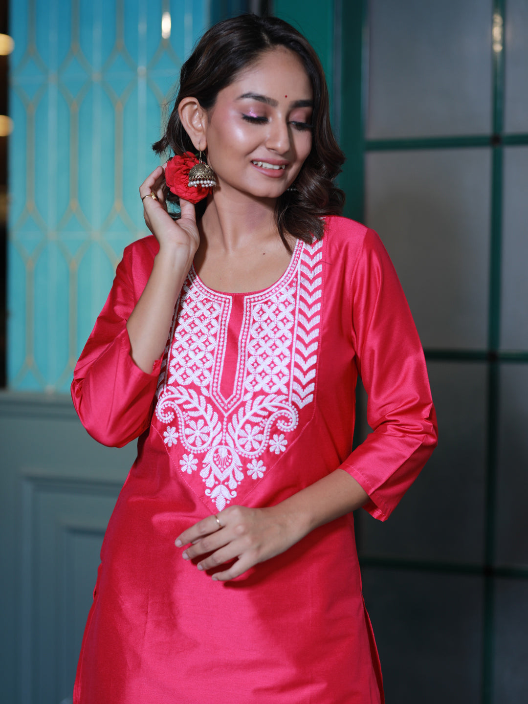 Hot Pink Embroidered Cotton Silk Kurta Set - Elganza