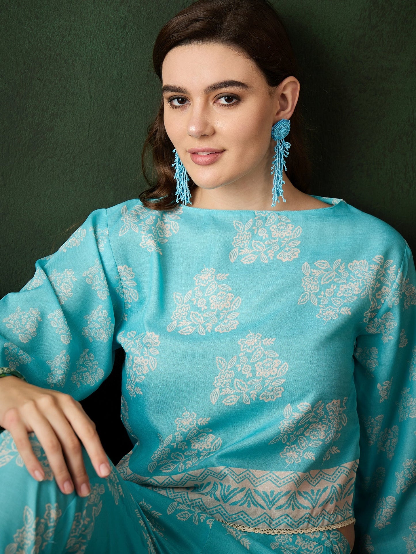 Turquoise Blue Floral Print Co-Ord Set - Elganza