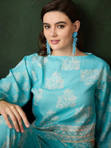 Turquoise Blue Floral Print Co-Ord Set - Elganza