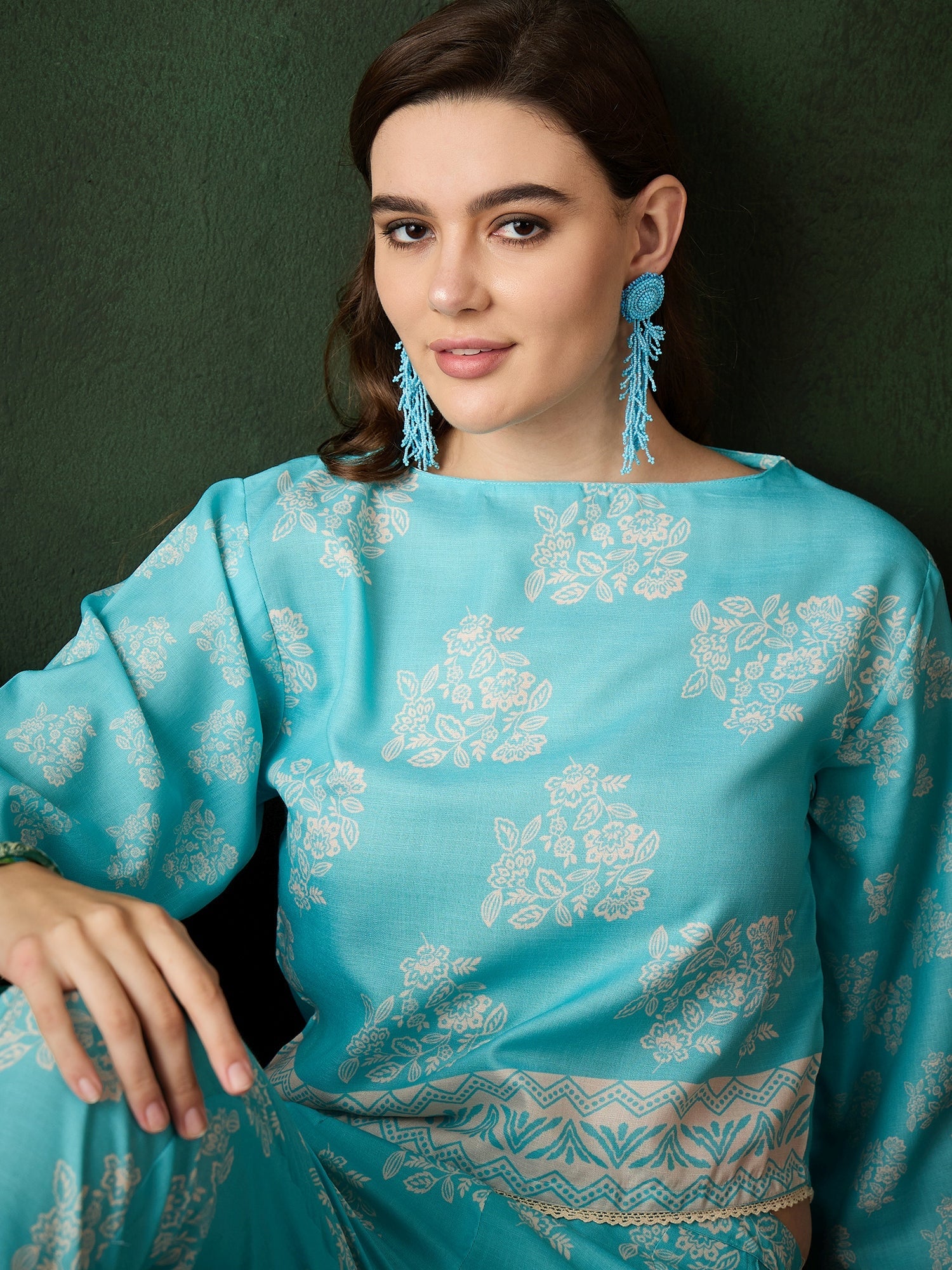 Turquoise Blue Floral Print Co-Ord Set - Elganza