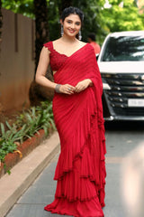 Bollywood Designer Faux Georgette Ruffle Saree with Beads & Sequins Striped Embellishment with Fully Stitched Mono Diamond Silk Blouse