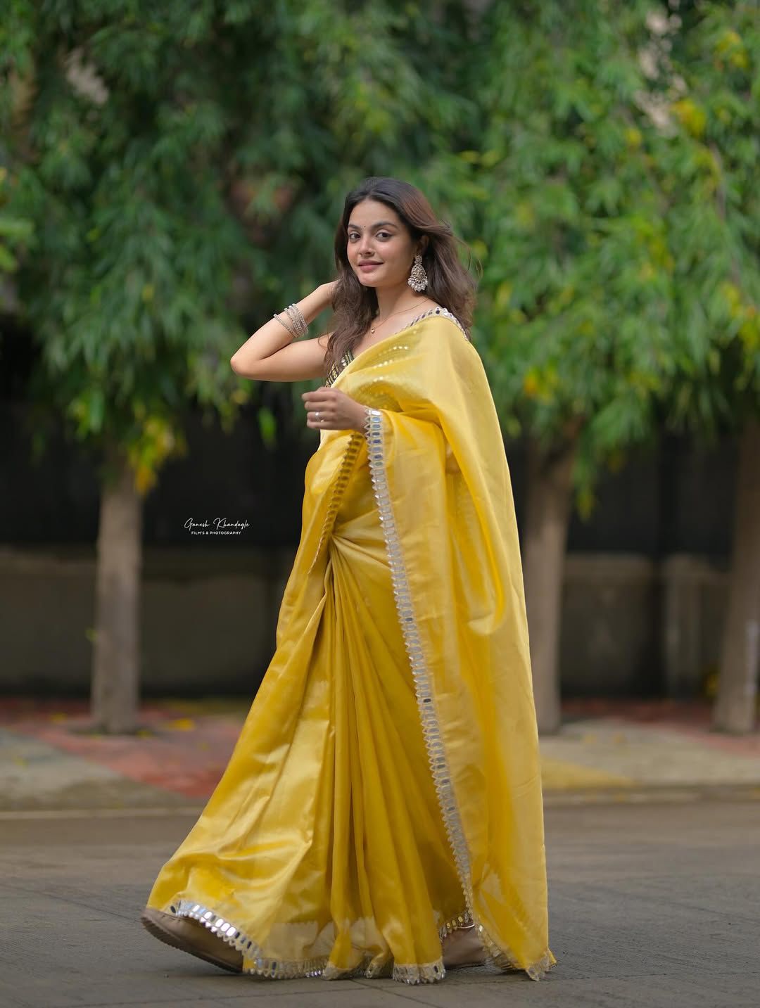 Premium Designer Fandy Satin Silk Saree with Jari Dori Embroidery & Real Mirror Embellishment with Stitched Mono Diamond Silk Blouse