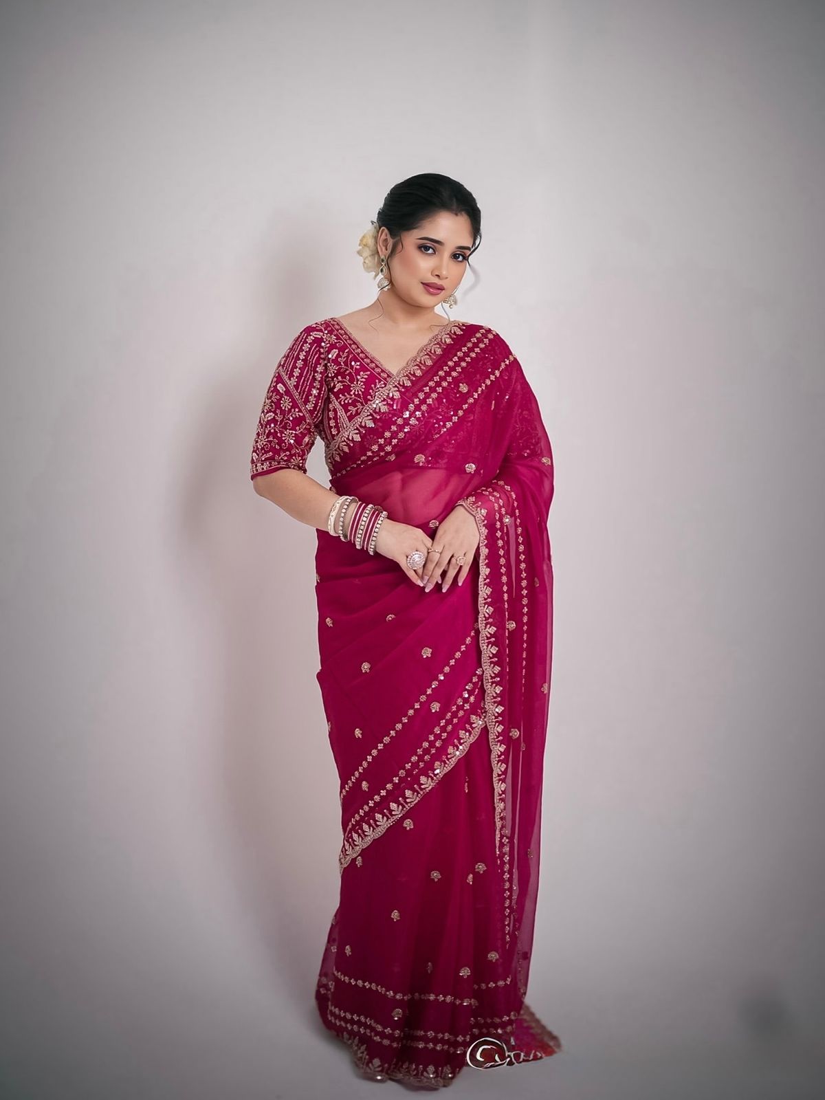 Designer Fandy Satin Silk Saree with 3mm Sequin Embroidery and Cutwork Border