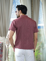 Maroon Woven Mandarin Collar Shirt - Elganza