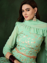 Green Floral Print Lehenga Choli Set - Elganza