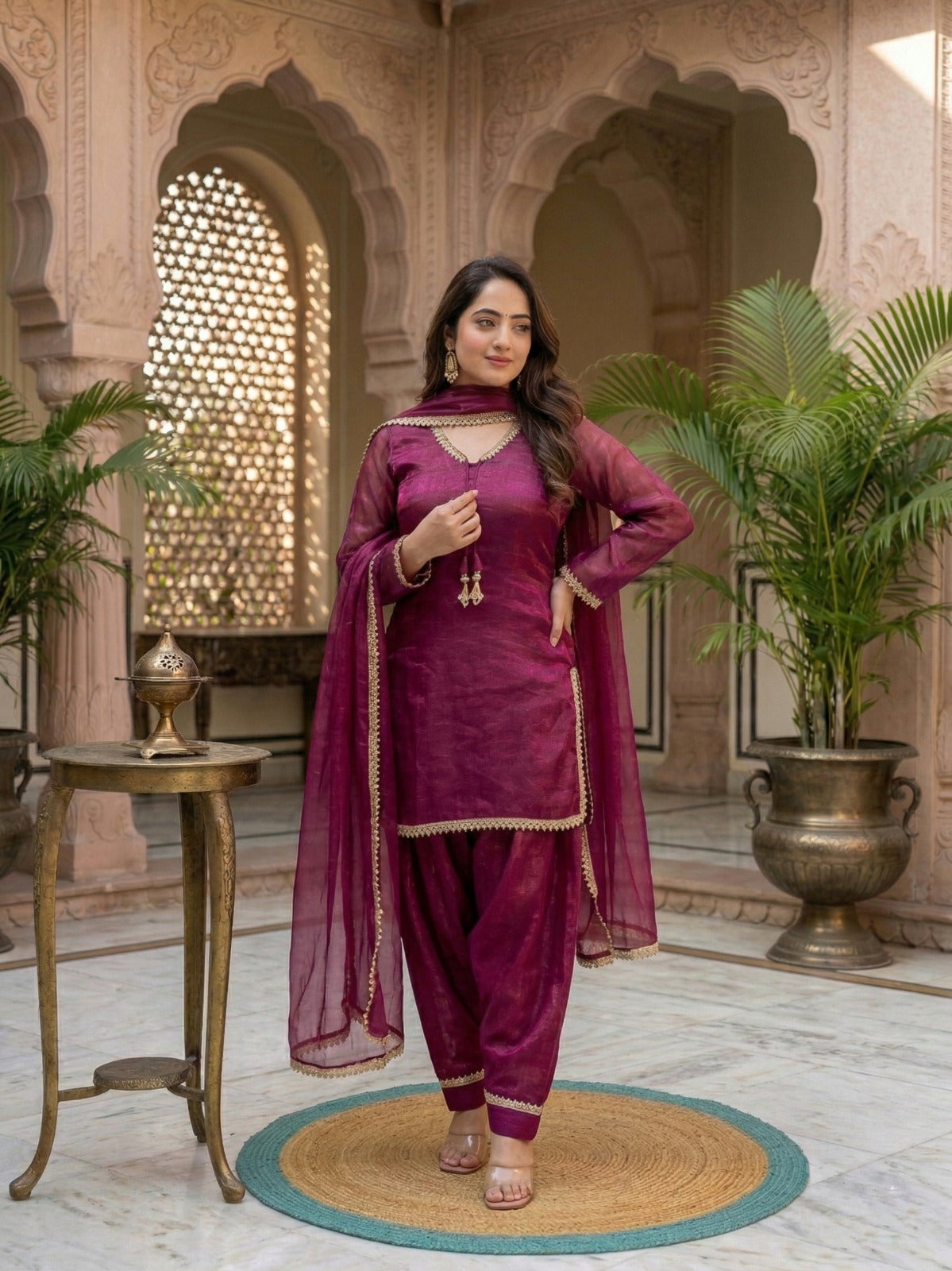 Designer Fendi Satin Farshi Salwar Suit Set with Mirror & Moti Work and Lace Border