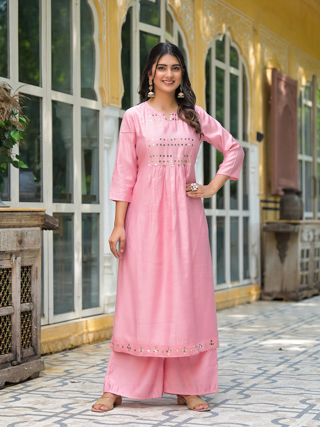 Powder Pink A-Line Kurta With Mirror Work On Dupatta - Elganza