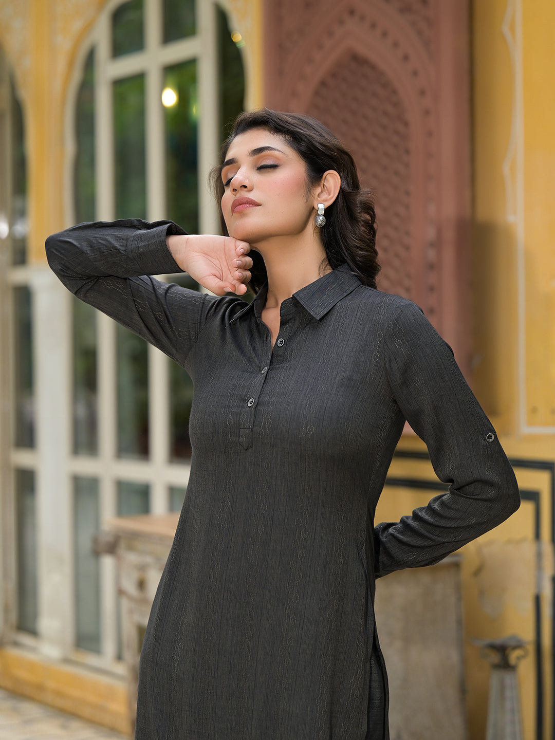 Black Self Design Pathani Kurta - Elganza