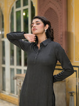 Black Self Design Pathani Kurta - Elganza