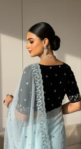 Designer Faux Georgette Handwork Saree with Beads & Sequins Border and Velvet Blouse – Ice Blue / Off White
