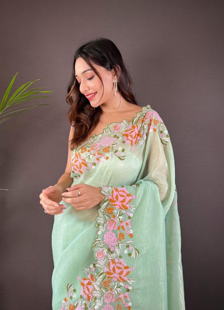 Soft Glossy Silk Designer Saree with Cross Stitch Floral Cutwork Border