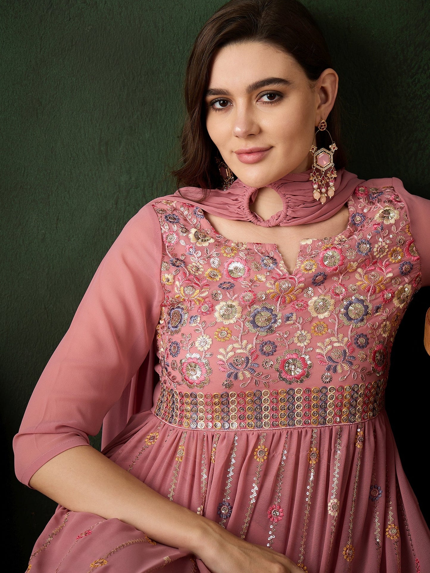 Pink Embroidered Nyra-Cut Kurta Palazzo With Dupatta - Elganza
