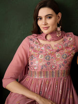 Pink Embroidered Nyra-Cut Kurta Palazzo With Dupatta - Elganza