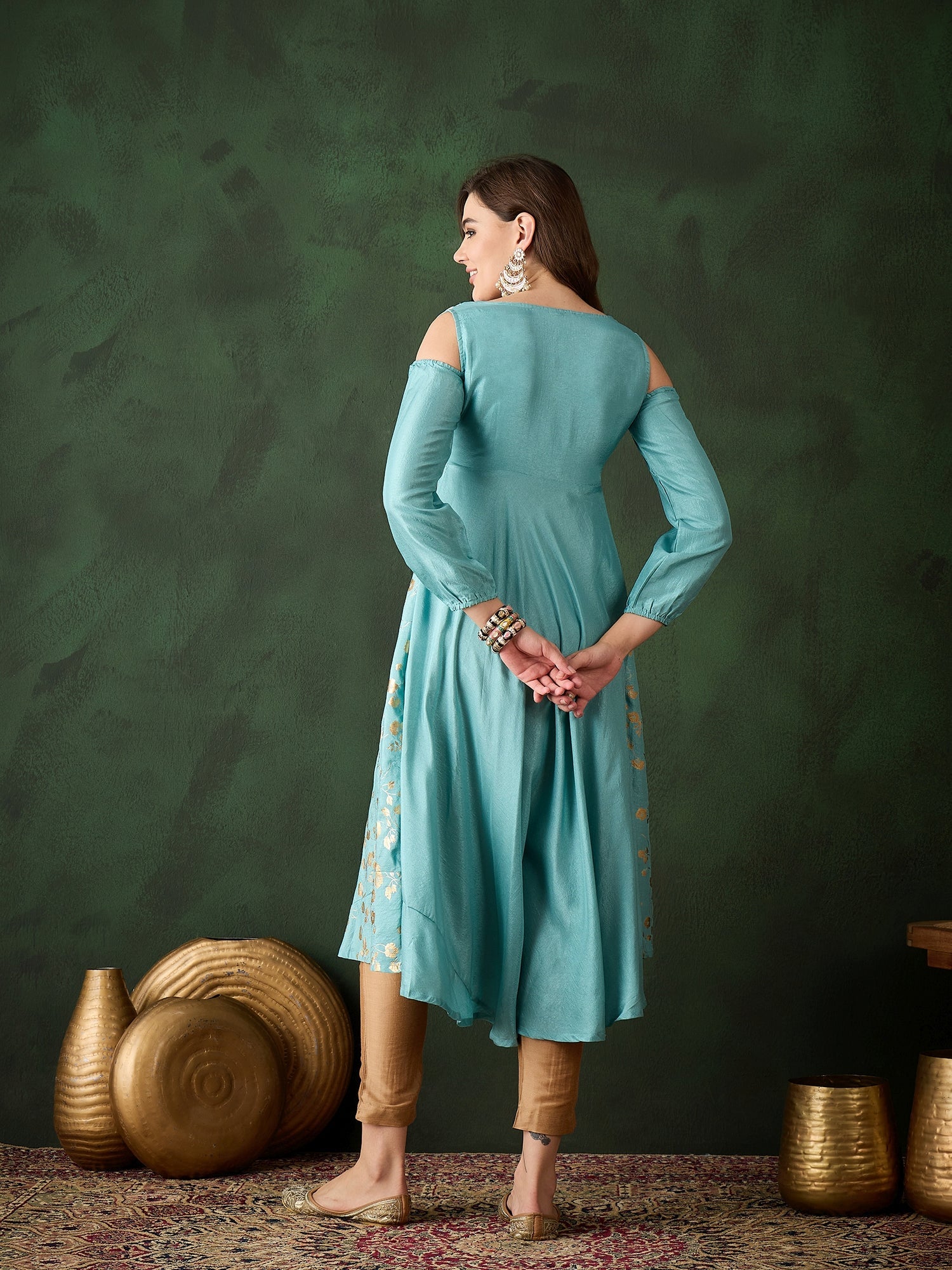 Pastel Blue Foil Print Flared Anarkali - Elganza