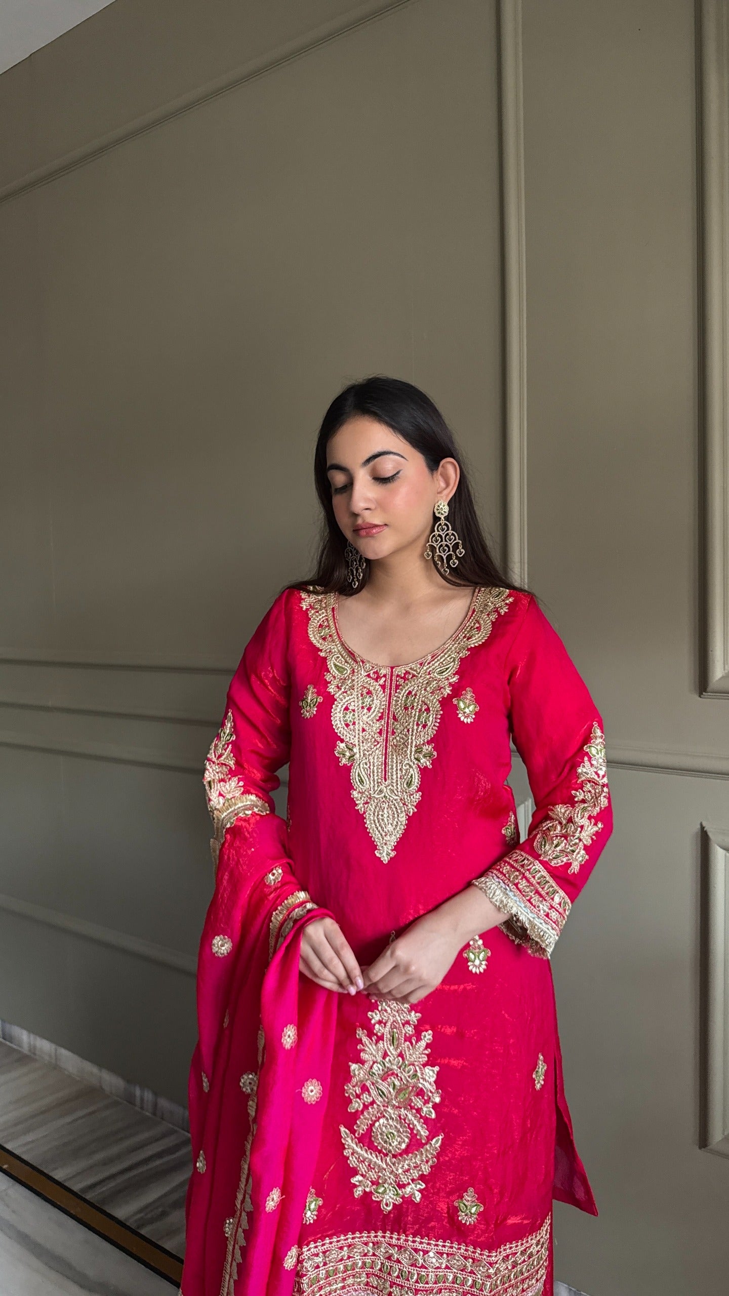 Designer Fendi Satin 3 Piece Suit Set with Embroidery Work & Lace Border (Top, Plazo & Dupatta)