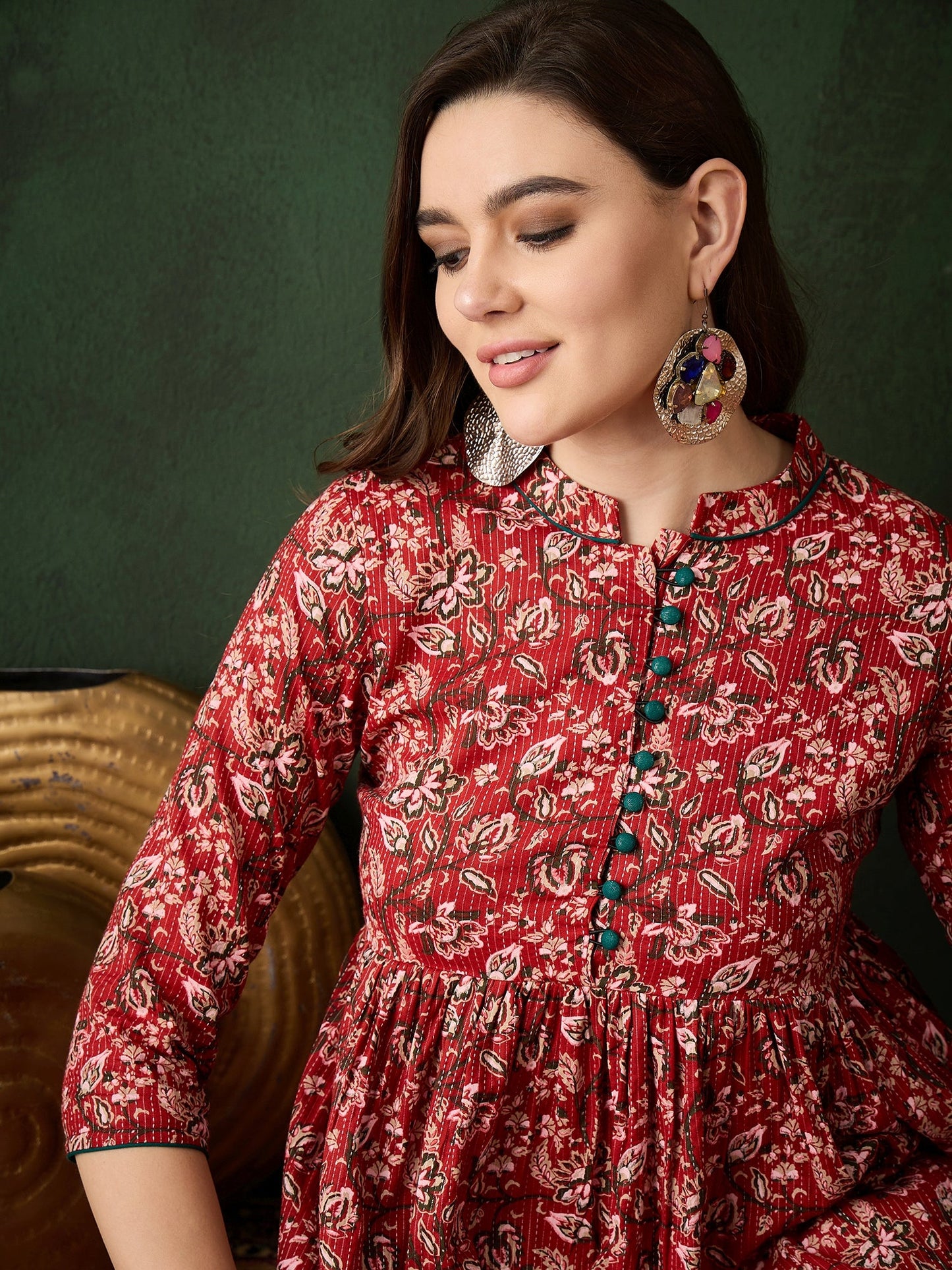 Red Floral Print Kantha Work Gathered Kurta - Elganza