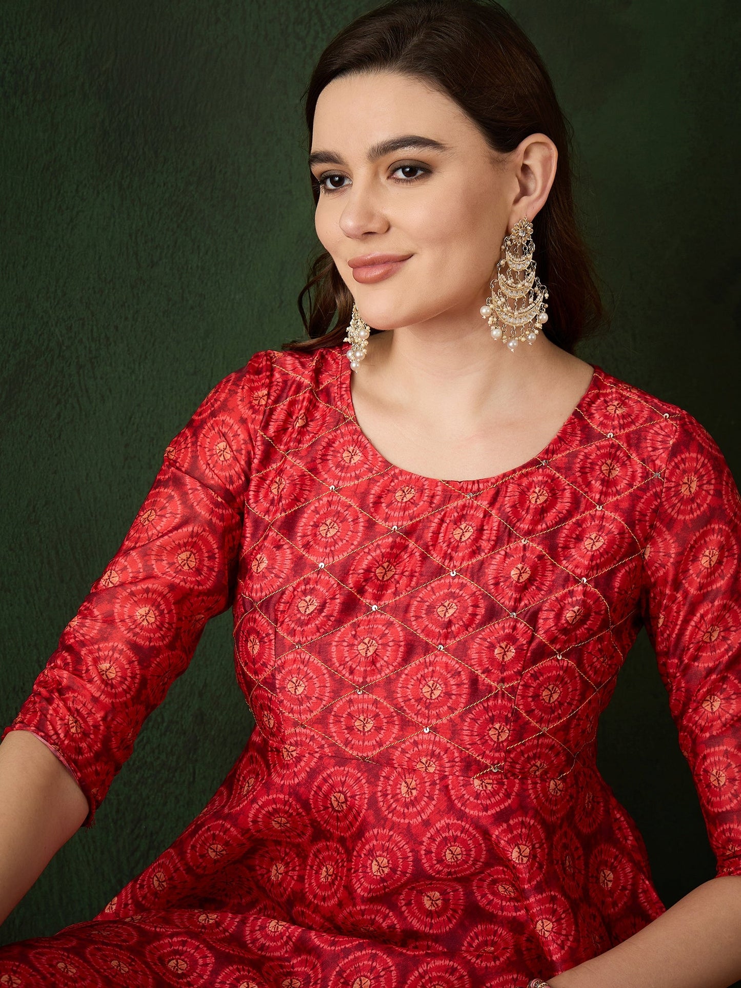 Red Geometric Print Anarkali - Elganza