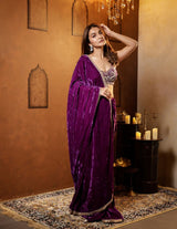 Luxury 9000 Quality Velvet Saree with Fine 3mm Sequin Jari Embroidered Cutwork Border & Ready Blouse