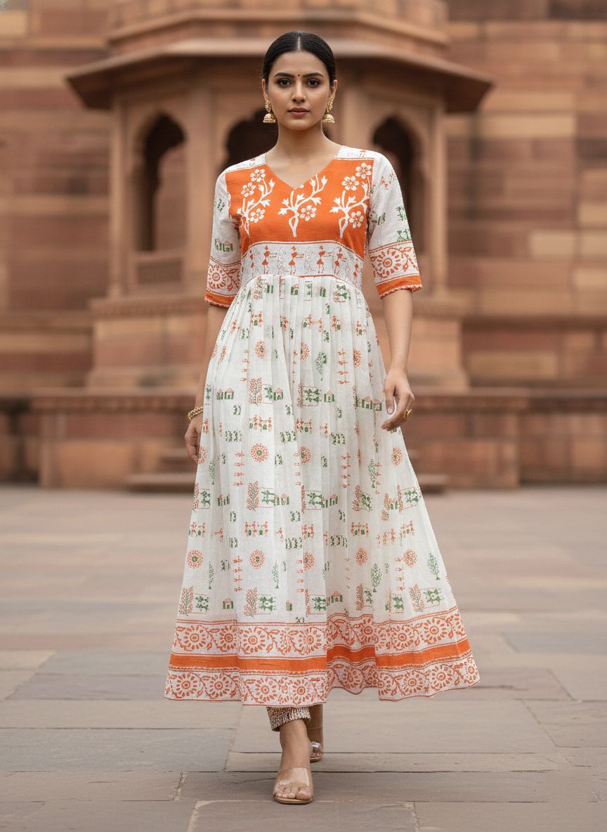 Stylish Pure Cotton Tricolour Geometric Printed Flaired Gown for Independence Day