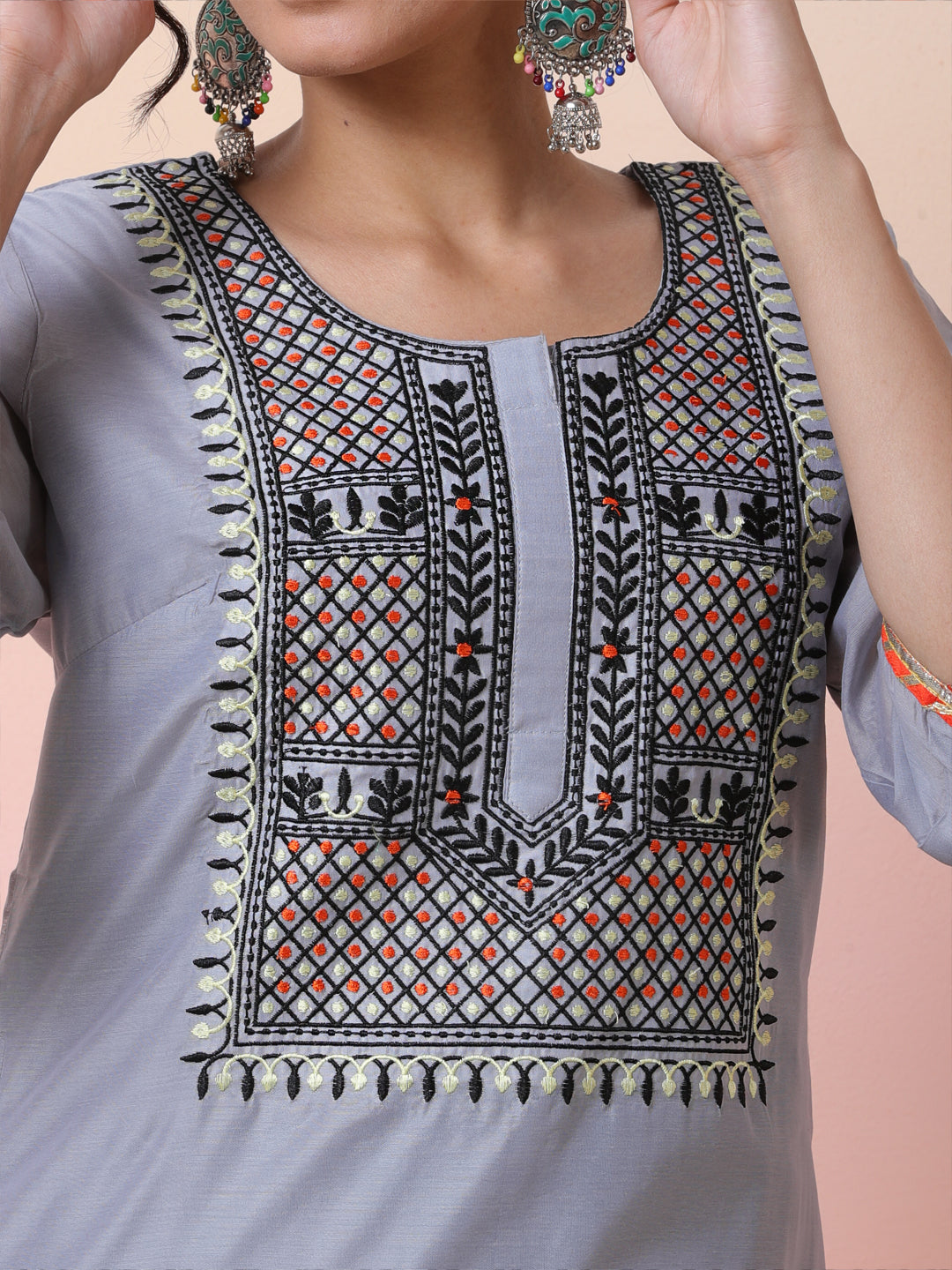 Grey Embroidered Kurta - Elganza