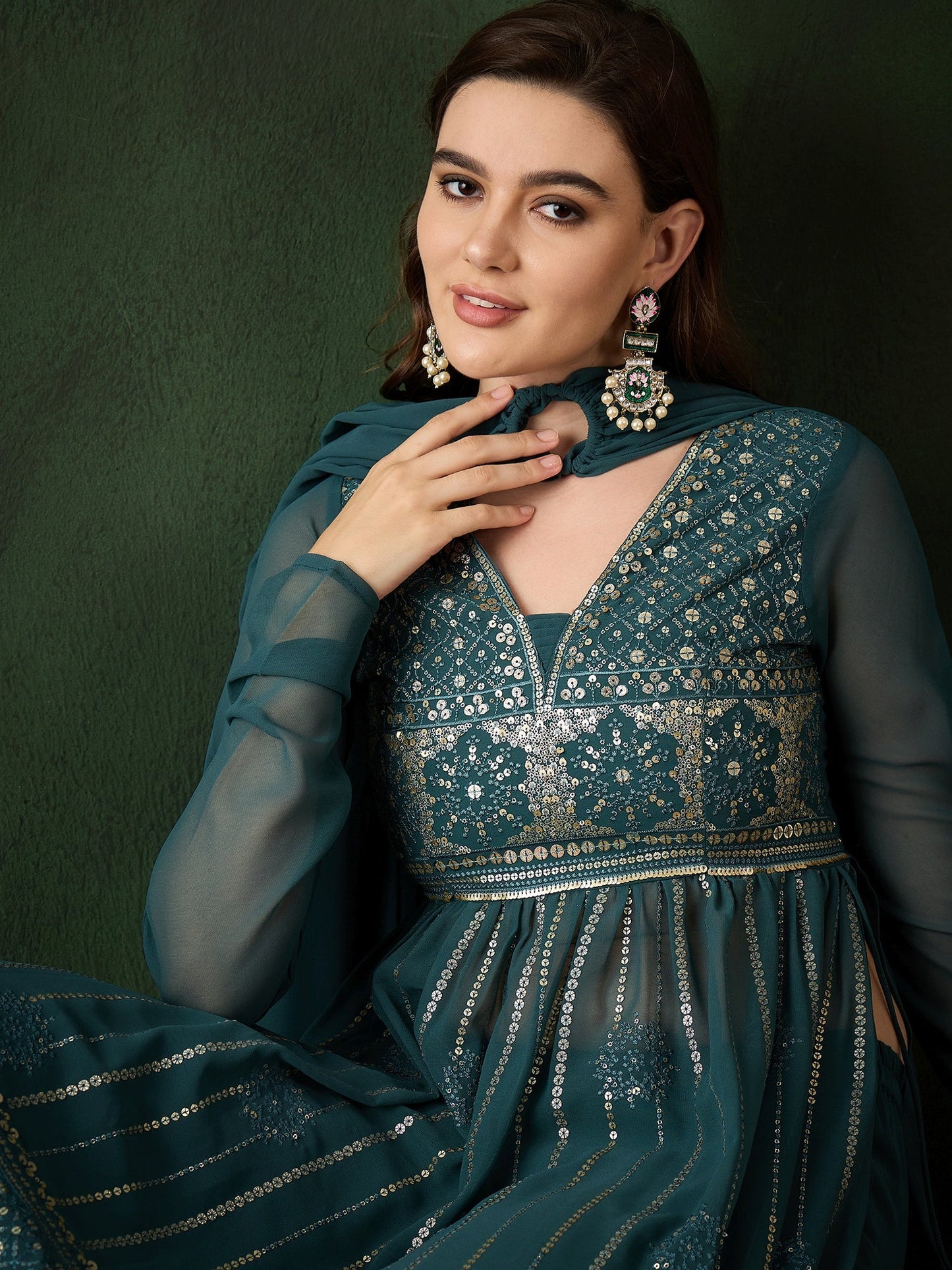 Teal Embroidered Nyra-Cut Kurta Palazzo With Dupatta - Elganza