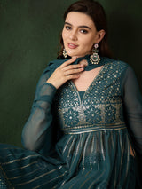 Teal Embroidered Nyra-Cut Kurta Palazzo With Dupatta - Elganza
