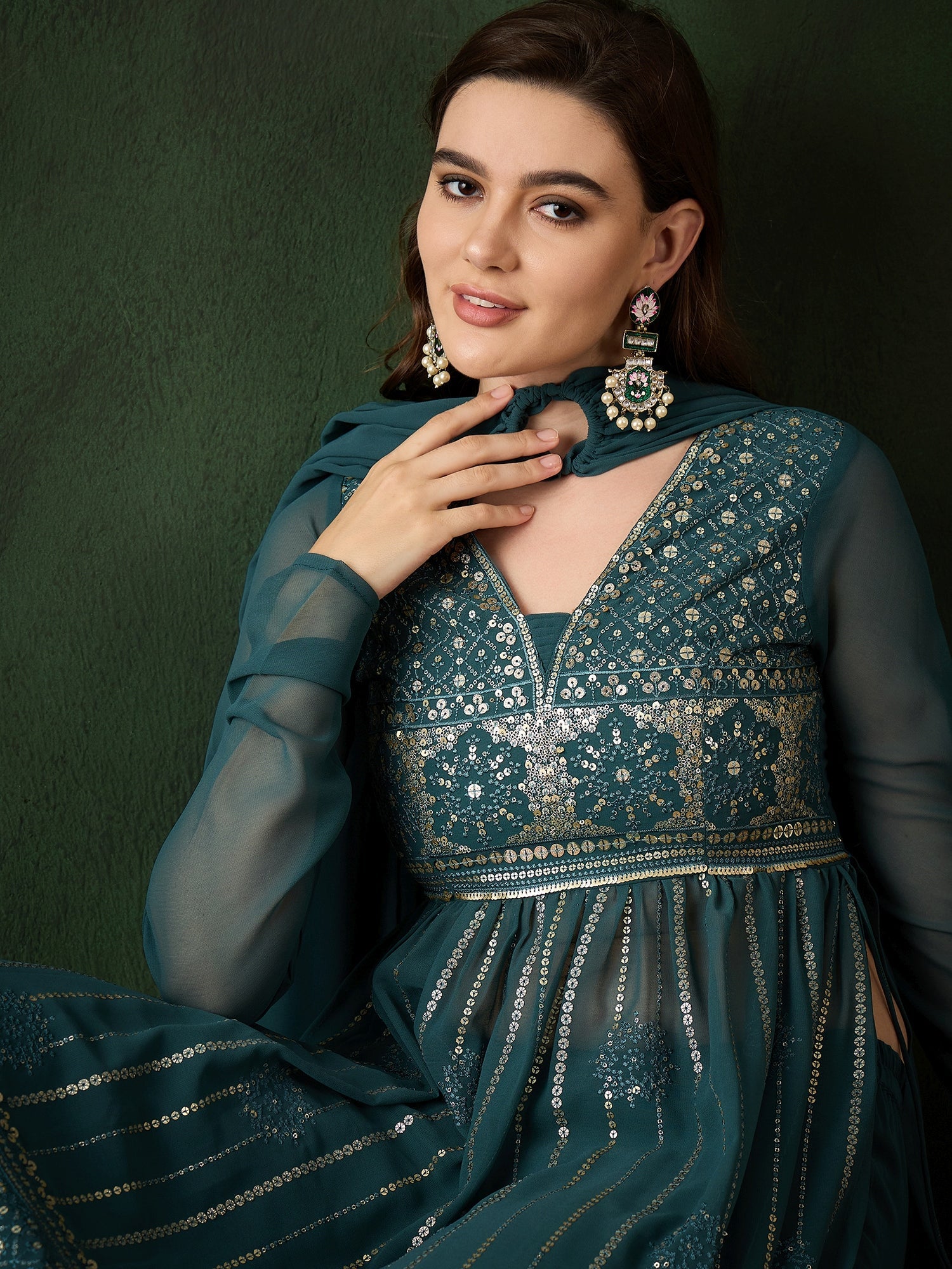 Teal Embroidered Nyra-Cut Kurta Palazzo With Dupatta - Elganza