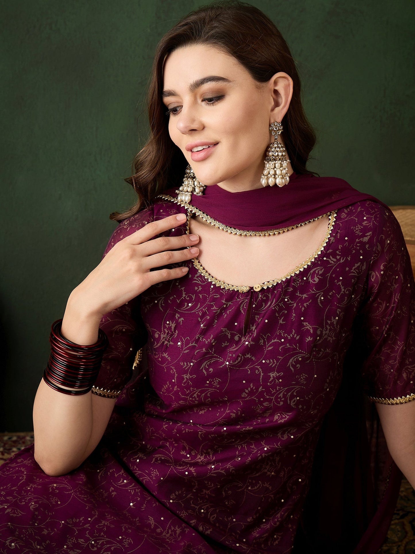 Purple Gold Print Kurta Pant With Dupatta - Elganza