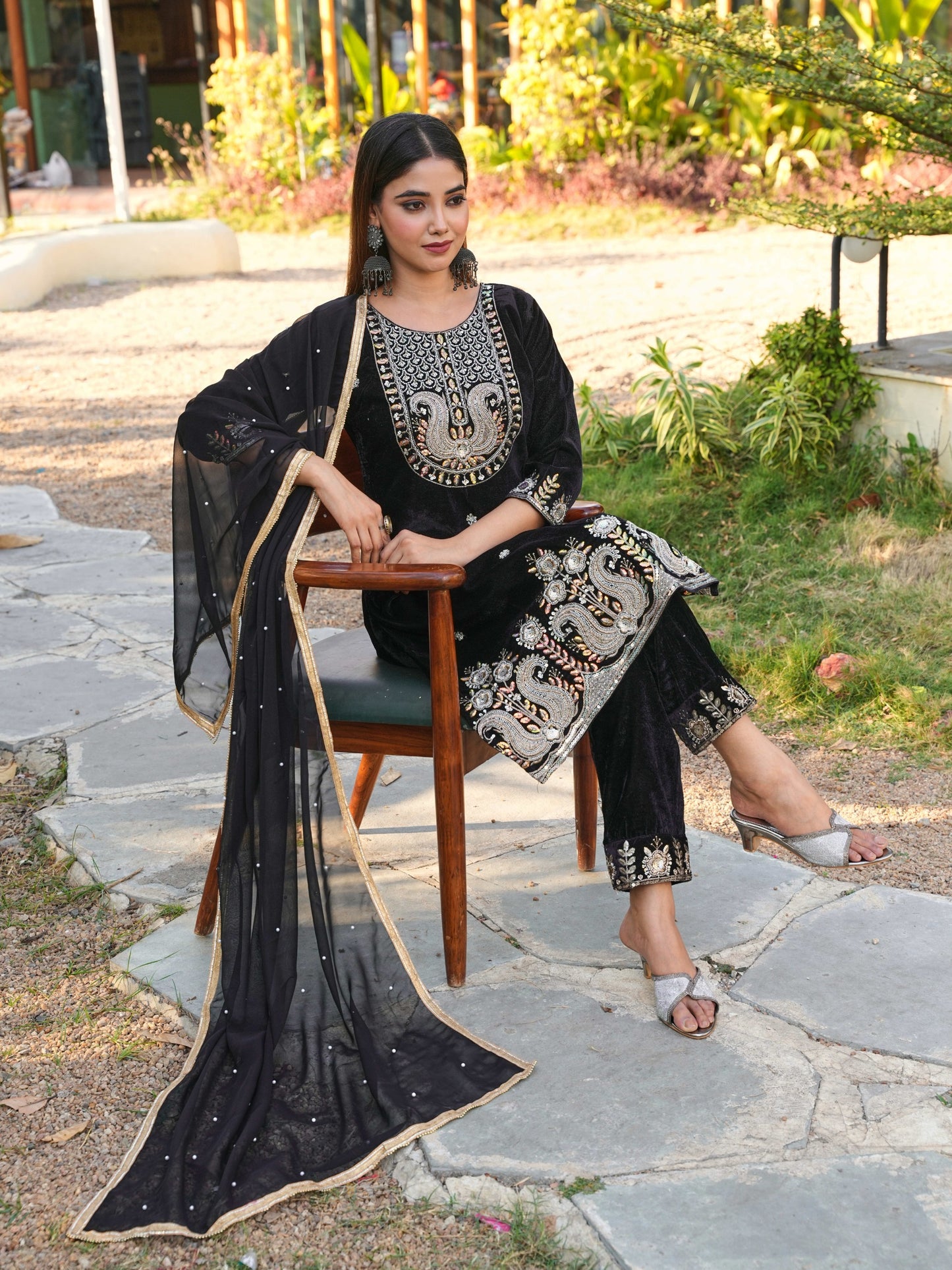 Women Designer 3 Piece Velvet Suit Set with Embellished Top, Velvet Bottom & Faux Georgette Dupatta