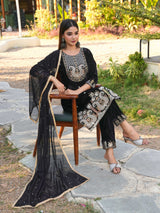 Women Designer 3 Piece Velvet Suit Set with Embellished Top, Velvet Bottom & Faux Georgette Dupatta