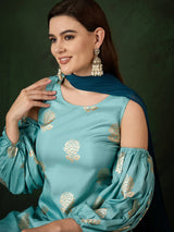 Blue Gold Printed Kurta Palazzo With Dupatta - Elganza