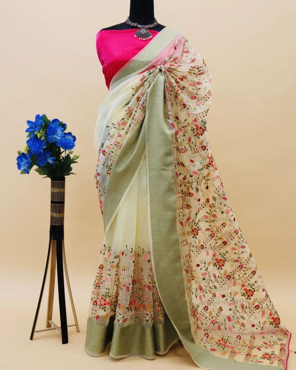 Evergreen Silver Tissue Silk Designer Saree with Multicolor Floral Embroidery
