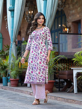 Off-white Kurta Set with pink Floral Print - Elganza