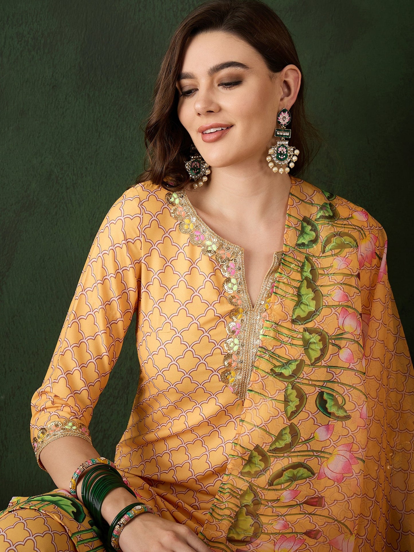 Yellow Pichwai Print Kurta Palazzo With Dupatta - Elganza