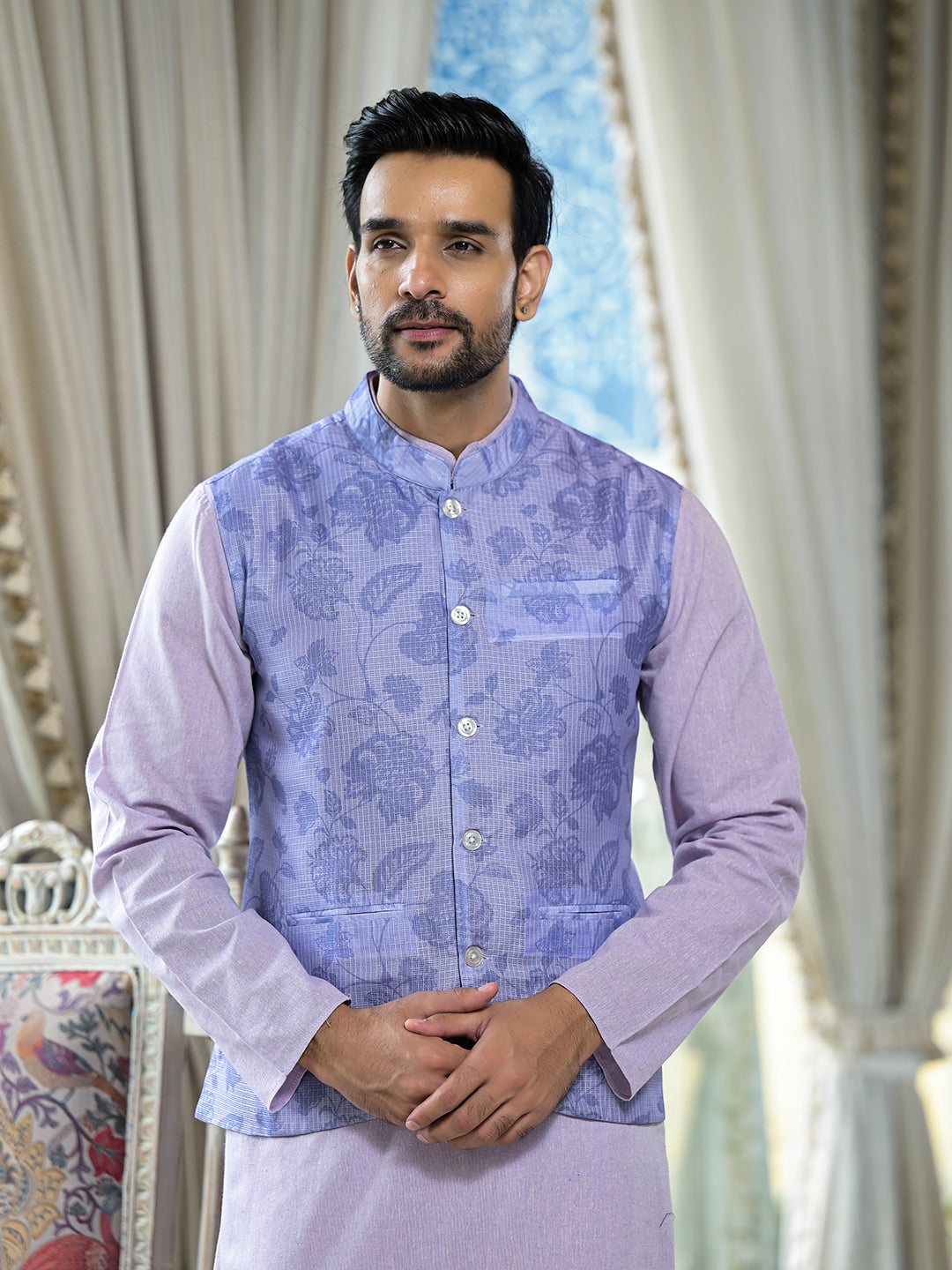 Lilac Color Floral print nehru jacket set - Elganza