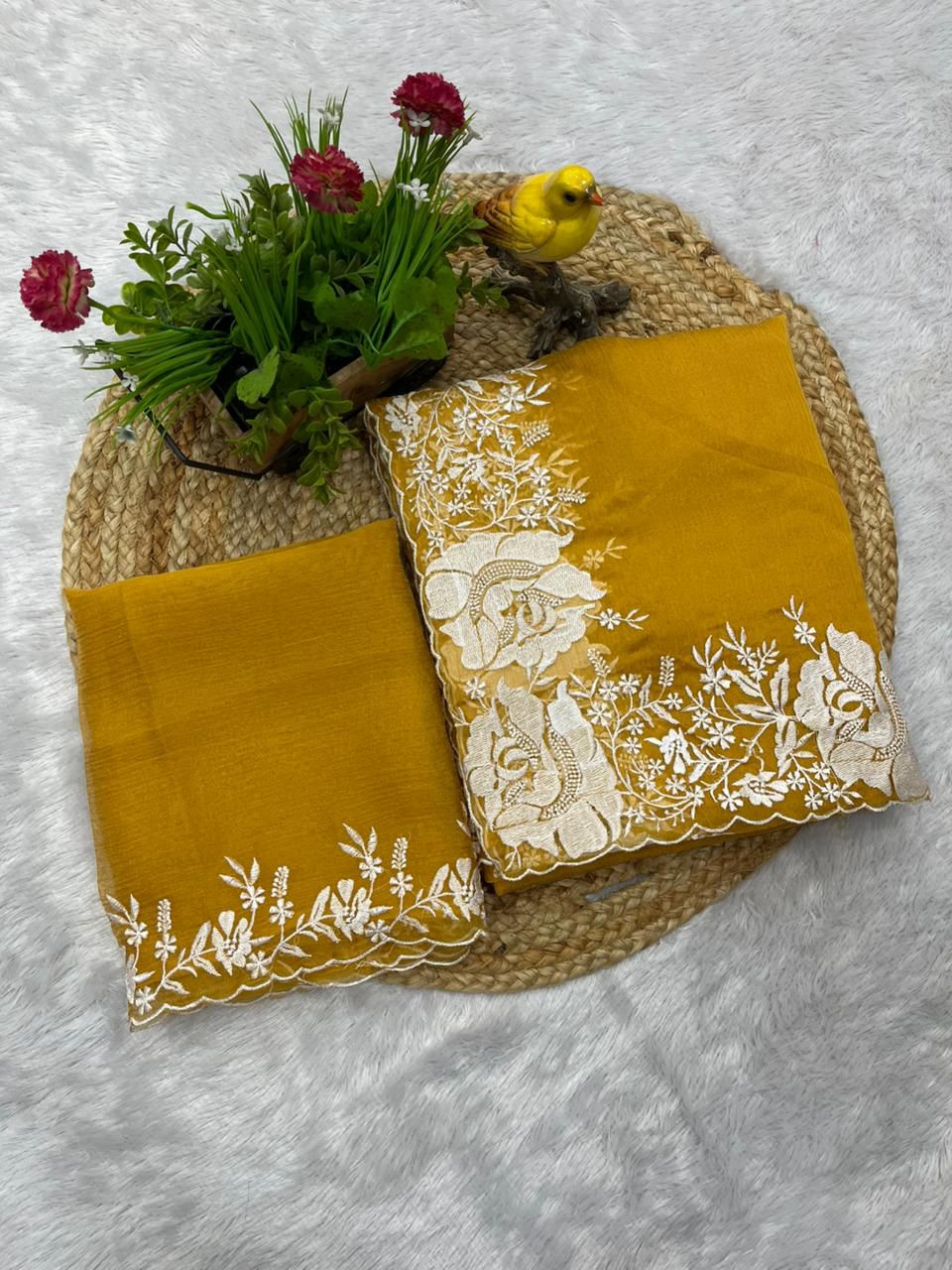 Designer Bandhej Candy Crush Saree with White Thread Embroidered Cutwork Border and Unstitched Blouse