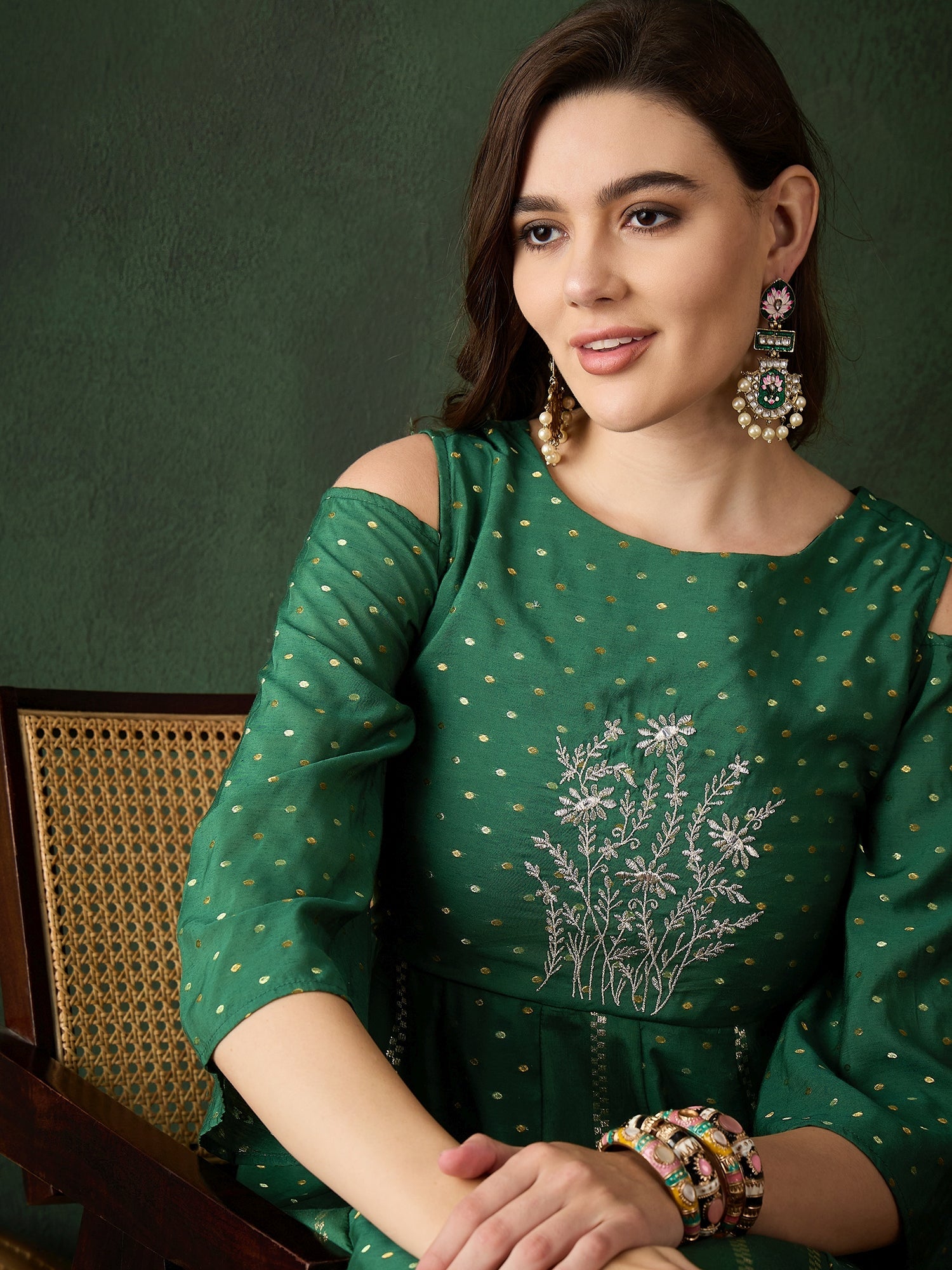 Dark Green Embroidered Flared Maxi Dress - Elganza