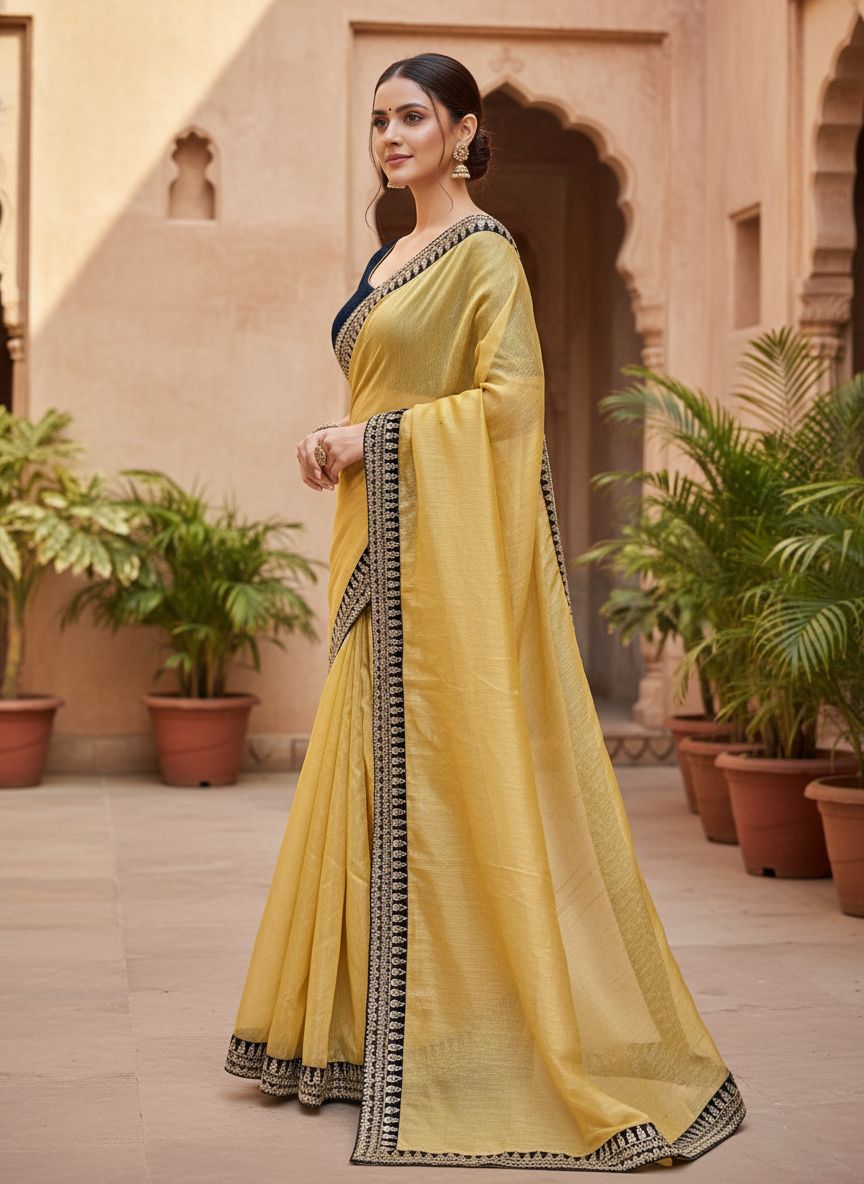 Designer Bollywood Style Soft Twill Net Saree with Sequins & Zari Dori Embroidery and Velvet Lace Border with Unstitched Blouse