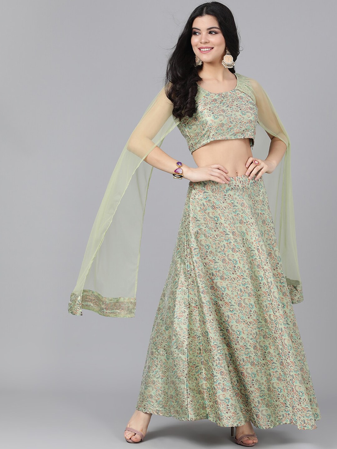 Green Lehenga Choli With Cape Dupatta - Elganza
