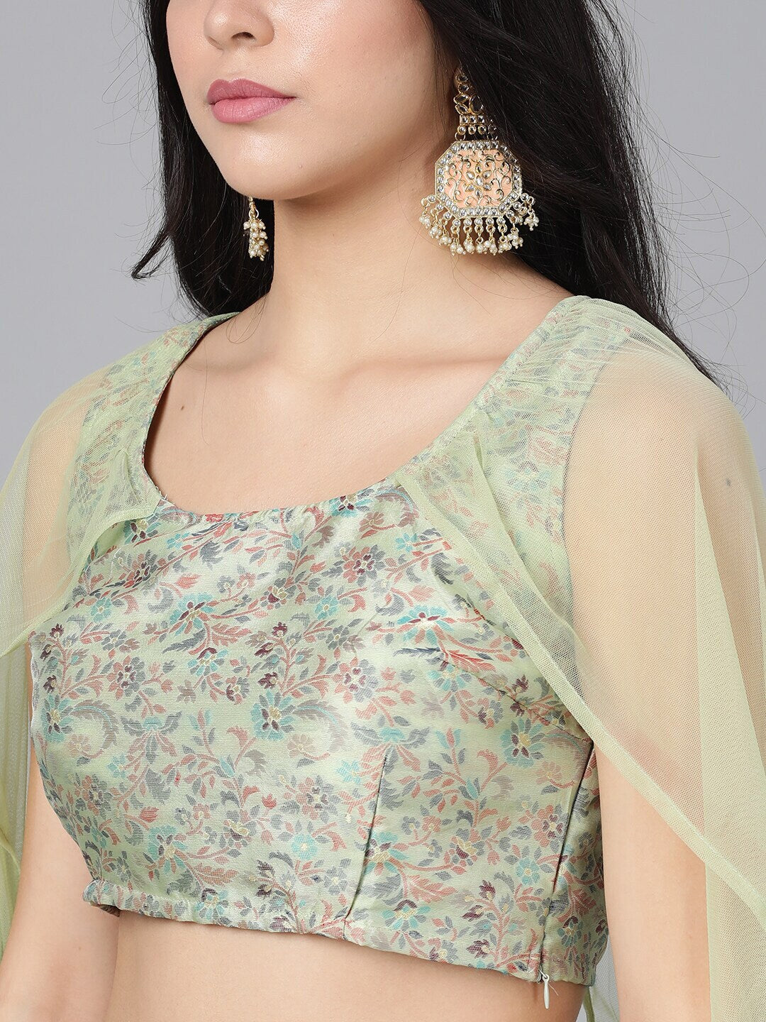 Green Lehenga Choli With Cape Dupatta - Elganza