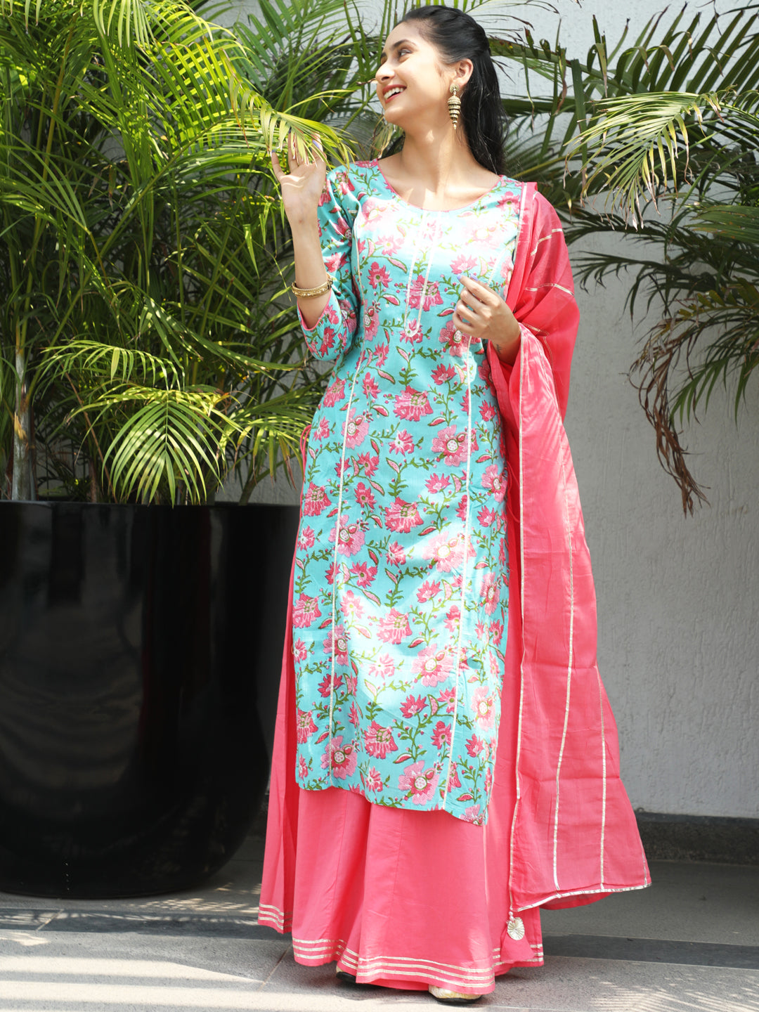 Blue Floral Print Straight Kurta With Palazzo - Elganza
