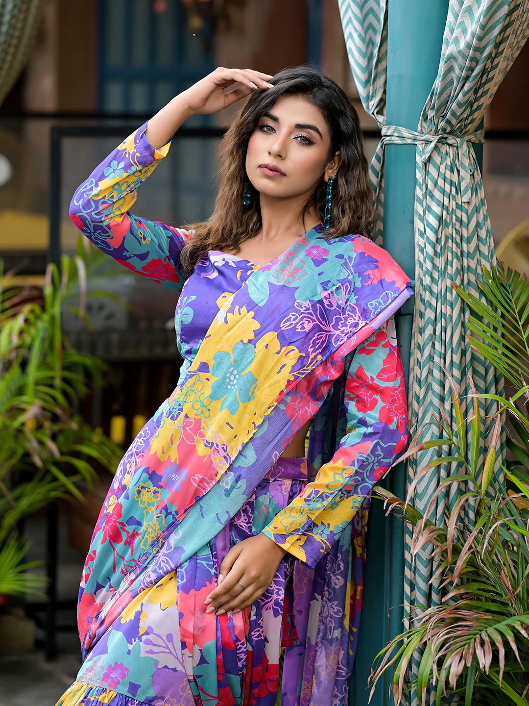 Purple Digital Printed Ready-to-Wear Saree for Women | Poly Chinon Saree with Blouse image 7