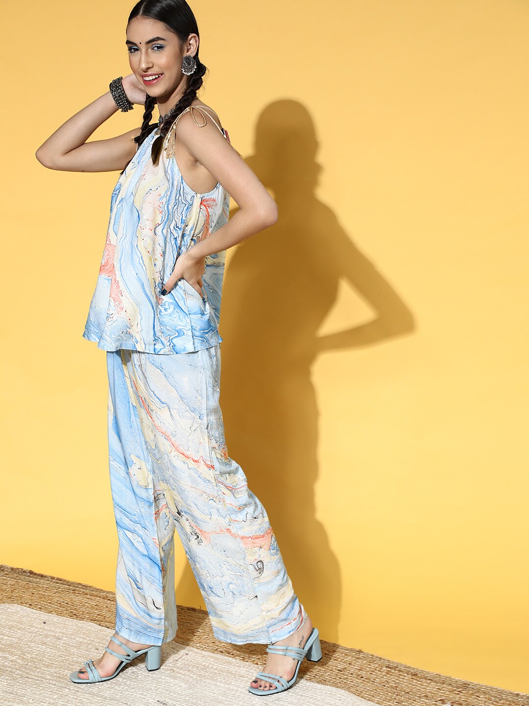 Blue & Yellow Marble Print Top - Elganza
