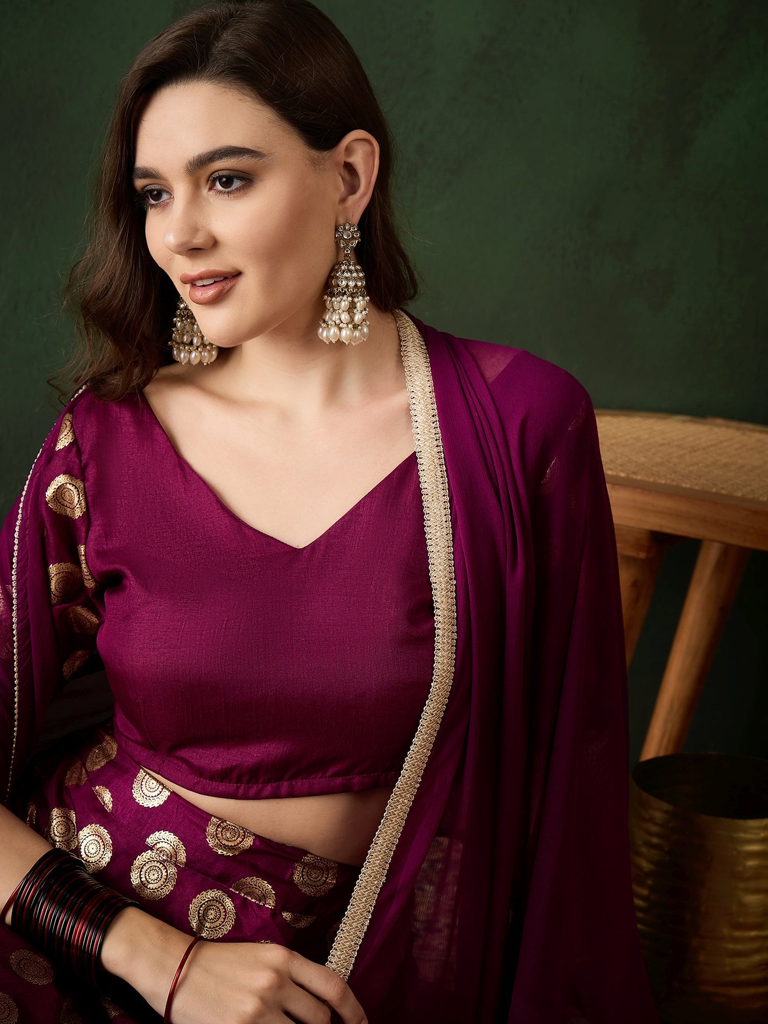 Purple Gold Foil Print Lehenga Choli With Duptta - Elganza