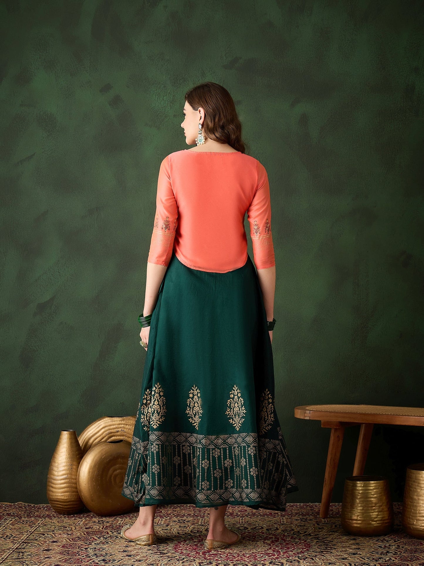 Green & Peach Block Print Lehenga Choli - Elganza