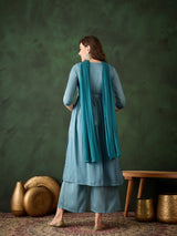 Blue Embroidered Nyra-Cut Kurta Palazzo With Dupatta - Elganza